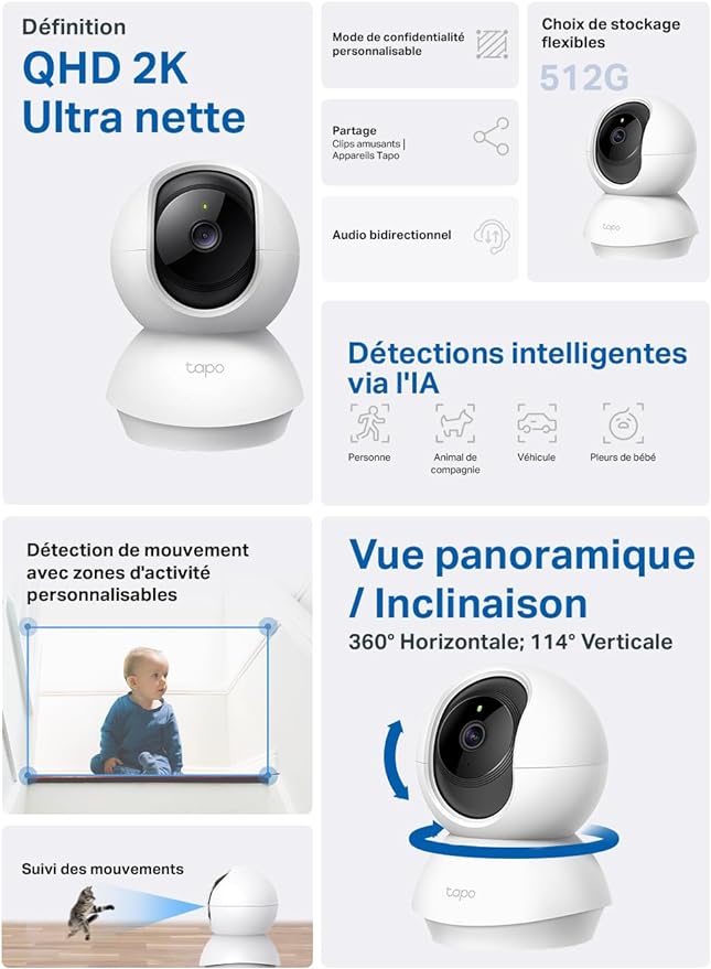 Tapo 2K(3MP) Caméra Surveillance WiFi intérieure 360° C210